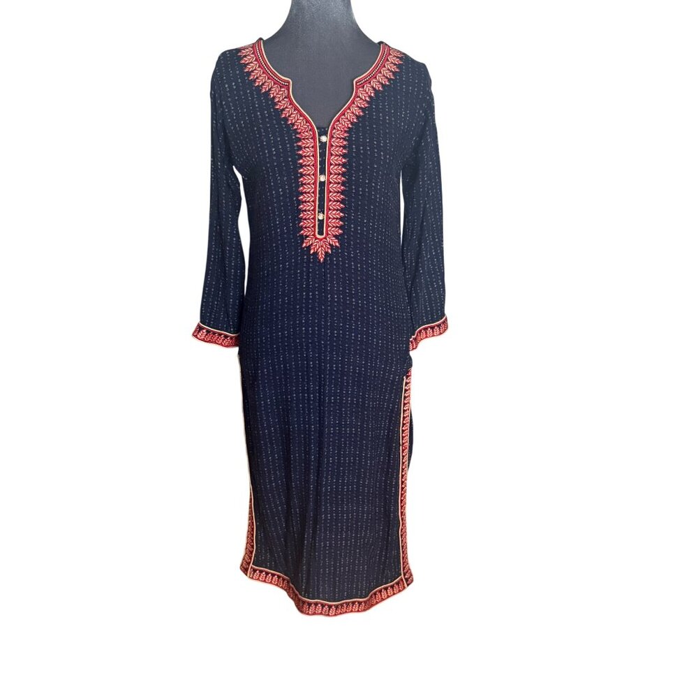 Tunic W/ Red Embroidered Accents V-Neck Side Slits & 3/4 Sleeves